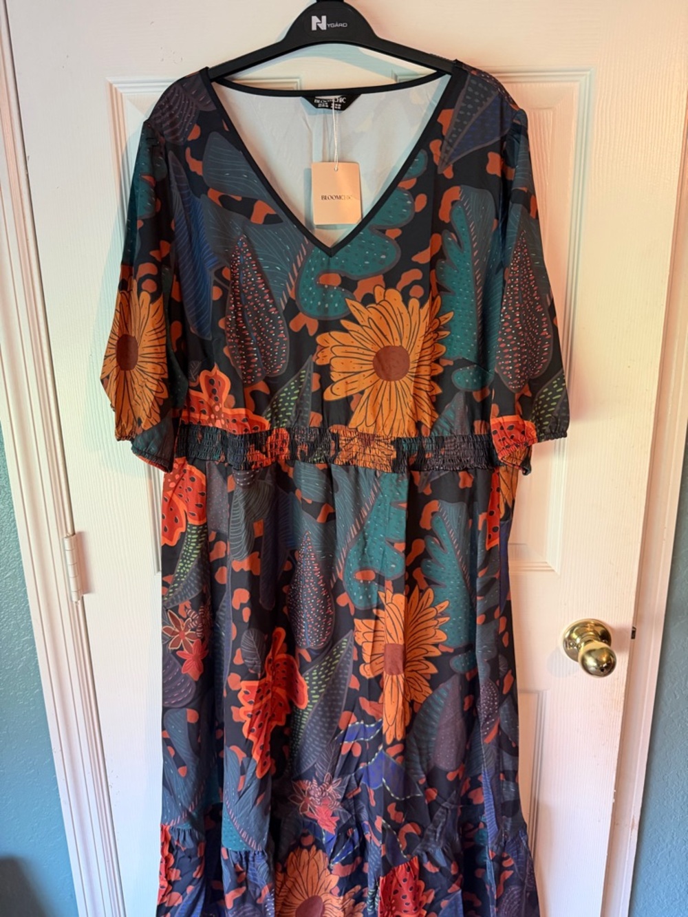 BloomChic Teal & Orange Floral V-Neck Midi Dress